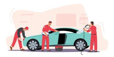 Araba Yıkama Servisi Üniformalı Yıkama Otomobili Süngerle Yıkama ve Su Jeti ile Dökme Konsepti