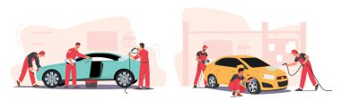 Araba yıkama servisi konsepti. Temizlik şirketi çalışanları Erkek Karakterler Çalışma Süreci. İşçiler Kırmızı Üniforma Giyiyor