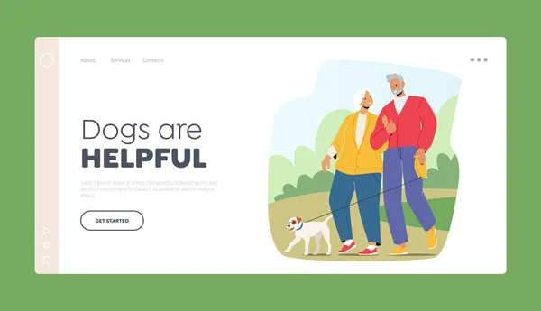 Ouderen paar promenade met Pet Landing Page Template.Glimlachende karakters wandelen met de hond in het park. Tijd samen doorbrengen — Stockvector