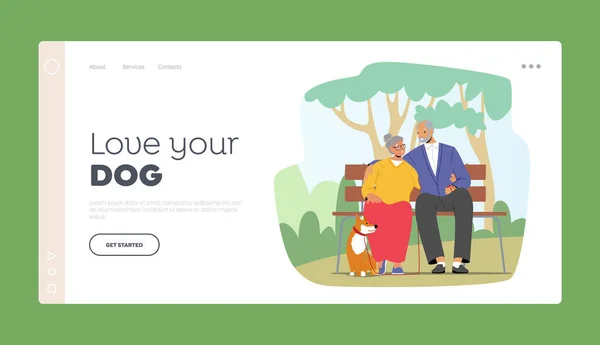 Leeftijd Familie Outdoor Ontspan met Pet Landing Page Template. Ouderen paar karakters besteden tijd met hond in City Park — Stockvector