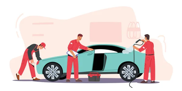 Concept de service de lavage de voiture avec les travailleurs portant uniforme moussant l'automobile avec l'éponge et versant avec le jet d'eau — Image vectorielle