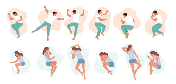 Bir grup Kadın ve Erkek Uyuyan Pozisyonlar, Yatağın Üstü Görünümlü Yatan İnsanlar. Gece Dinlenme, Karakterler Pijama Giyer — Stok Vektör