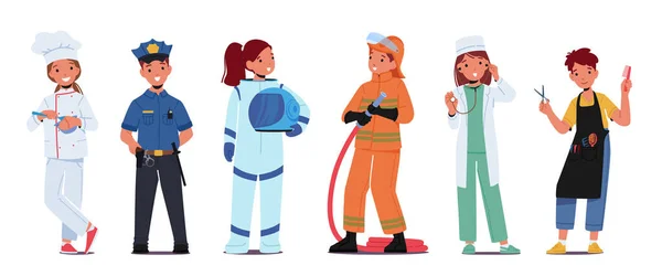 Kinderberuf Koch, Polizist, Astronaut, Feuerwehrmann, Arzt, Friseur. Kinder entscheiden sich für Beruf — Stockvektor