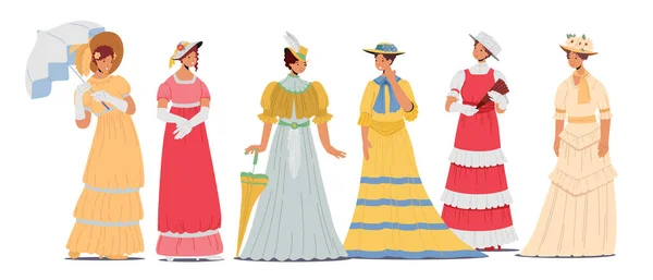 Set of Beautiful 19th Century Ladies in Elegant Gowns, Hats and Accessories. Isolated Victorian English or French Women — Stock Vector