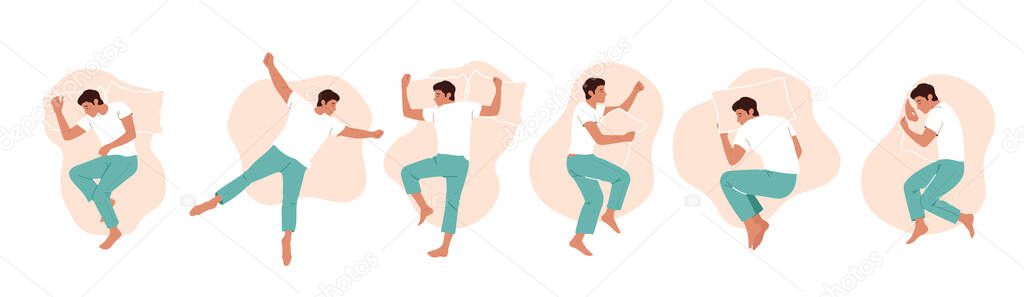 Set of Men Sleep or Relaxing in Different Sleeping Poses Top View, Male Character Lying in Bed with Pillow. Sleep or Nap