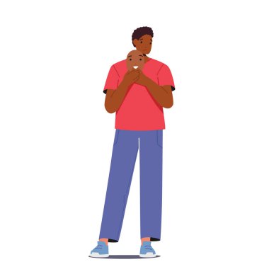 Mutlu Gülümseyen Maskeli Mutsuz Afrika Erkek Karakteri. Sahtekar Sendromu, ikiyüzlülük, ikiyüzlülük, yalancı, sahte konsept. Depresyondaki adam başka biri gibi davranıyor. Çizgi film İnsanları Vektör İllüstrasyonu