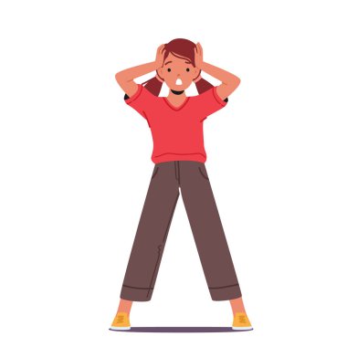 Küçük Bağıran Kafa Ellerinle Şok Edici Kız Duygusallığı. Çocuk Karakteri Ümitsiz Yüz İfadesini İfade Ediyor, Beyaz Arkaplanda İzole Edilmiş Hissediyor. Çizgi film İnsanları Vektör İllüstrasyonu