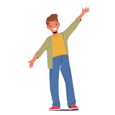 Çocuk Karakteri Eğlence Duyguları, Kollarını açmış Gülen Mutlu Küçük Çocuk, Mutluluk Duygusu ve Neşe, Beyaz Arkaplanda İzole Edilmiş Olumlu Yüz İfadesi. Çizgi film Vektör İllüstrasyonu