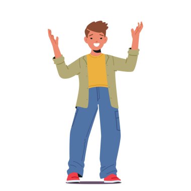 Kolları Kalkmış ve Geniş Gülümseyen Mutlu Küçük Çocuk, Çocuk İfadesi, Mutluluk ve Neşe Duygusu, Olumlu Yüz İfadesi. İzole edilmiş Çocuk Karakteri Eğlence Duyguları. Çizgi film Vektör İllüstrasyonu