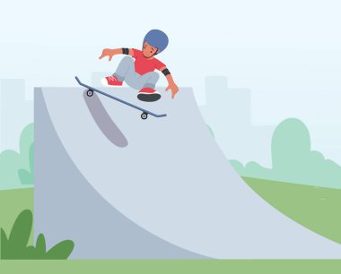 Çocuk Kaykay Açık Hava Hareketi. Güvenli Miğferli Küçük Çocuk Park 'ta kaykaya atlıyor. Kaykaycı Çocuk Karakteri Spor, Paten Parkı 'nda kaykaylı çocuk. Çizgi film Vektör İllüstrasyonu