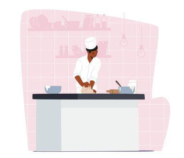 Profesyonel Aşçılık Konsepti. Beyaz Üniformalı Konsantre Adam Şef ve Toque Cook Fırını, Kneading Dough, Restoranda veya Ev Mutfağında Masa Hazırlığı. Çizgi film İnsanları Vektör İllüstrasyonu