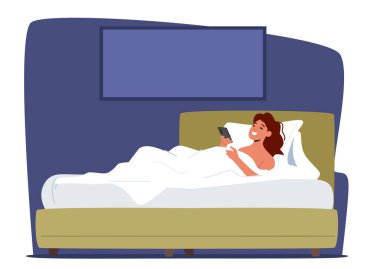 Cep Telefonu ile Yatakta Kadın Karakter Rahatlaması, Arkadaşlarla Sohbet, İletişim ya da Okuma İnterneti. Gadget Bağımlılığı, Uykusuzluk, İnternet İletişim Konsepti. Çizgi film İnsanları Vektör İllüstrasyonu