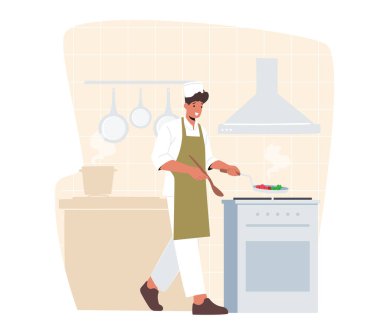 Evde ya da Restoranda Genç Yakışıklı Adam Mutfakta Yemek Pişiriyor. Üniformalı ve Toque Holding Pan 'lı Mutlu Erkek Karakterleri: Yemek, Lezzetli ve Sağlıklı Yemek Hazırlama. Çizgi film İnsanları Vektör İllüstrasyonu