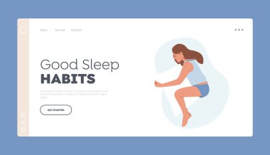 İyi Uyku Alışkanlıkları Sayfa Şablonu. Gece Dinlenme ve Yatma Zamanı. Pijamalı Kadın, Bacak Arasında Yastıkla Yatıyor. Rahat Duruşta Uyuyan Kız. Çizgi film Vektör İllüstrasyonu