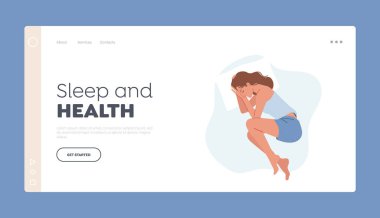 Uyku ve Sağlık İniş Şablonu. Huzurlu Kadın Karakter Pijama Uykusu Giyin veya Embriyo Pozu 'nda Yastığa Şekerleme Yap. Rahat Uyuyan Kız, Sağlıklı Dinlenme. Çizgi film Vektör İllüstrasyonu