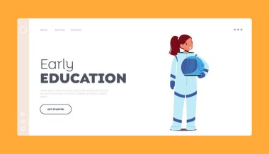 Çocuk Erken Eğitim İniş Sayfa Şablonu. Çocuklar Astronot Mesleğini Seçiyor. Uzay Giysisi ve Miğferinde Çocuk Kız Karakteri. Kozmonot İşgali Konsepti. Çizgi film İnsanları Vektör İllüstrasyonu