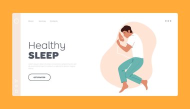 Sağlıklı Uyku İniş Sayfa Şablonu. Uyuyan Erkek Karakteri Rahat Poz Veriyor Yatakta Yatıyor ve Yastık Sarılması Üst Görünümü. İnsanlar uyku, uyku ya da şekerleme zamanı. Çizgi film Vektör İllüstrasyonu