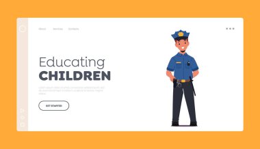 Çocukların İniş Şablonu Eğitimi. Çocuk Polis Karakteri, Büyüyünce ne olmak istiyorum. Çocuk Polis kostümü, Çocuk Eğitimi, Meslek, Gelişim. Çizgi film İnsanları Vektör İllüstrasyonu