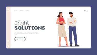 Neşeli İş İnsanları İniş Sayfası Şablonu. Ofis Çalışanları İletişim, Yöneticiler Takımı, Başarılı Genç İş Adamı ve İş Kadını Karakterleri, Meslektaşlar. Çizgi film Düz Vektör İllüstrasyonu