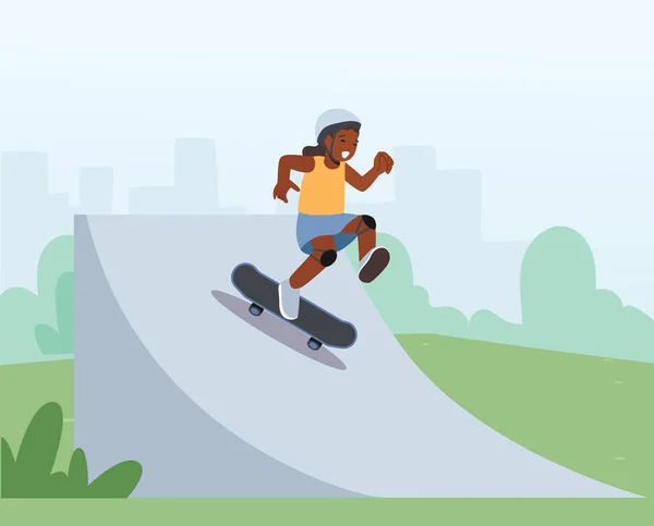 Little African Girl Rolling Skateboard Kid Character Perform Stunts Rollerdrome — Vector de stock