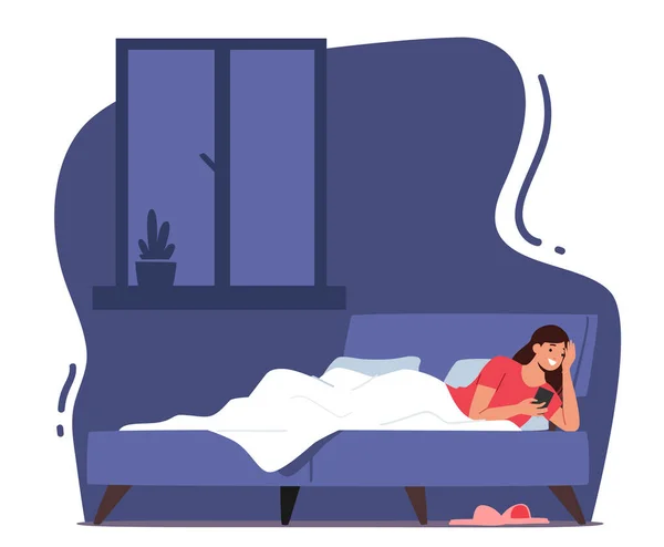 若い女性は スマートフォンでベッドに横たわって メッセージを読む 友人とチャット ベッドの中で携帯電話と女性の文字 ガジェット中毒 インターネット通信 漫画人ベクトルイラスト — ストックベクタ
