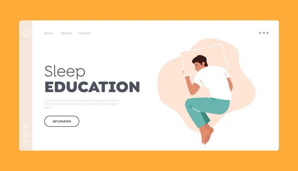 Sleep Education Landing Page Template Tired Man Embryo Sleeping Pose — Stock Vector