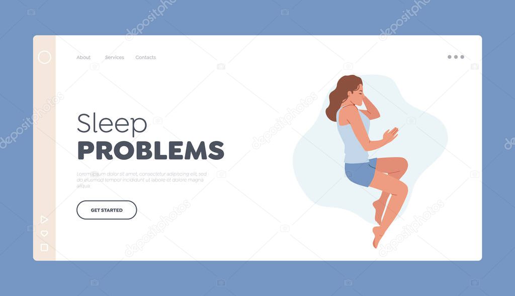Sleep Problems Landing Page Template. Girl Sleep on Side with Bent Legs. Female Character Sleeping Embryo Pose, Woman Wear Pajama Nap Lying in Bed Top View. Cartoon People Vector Illustration