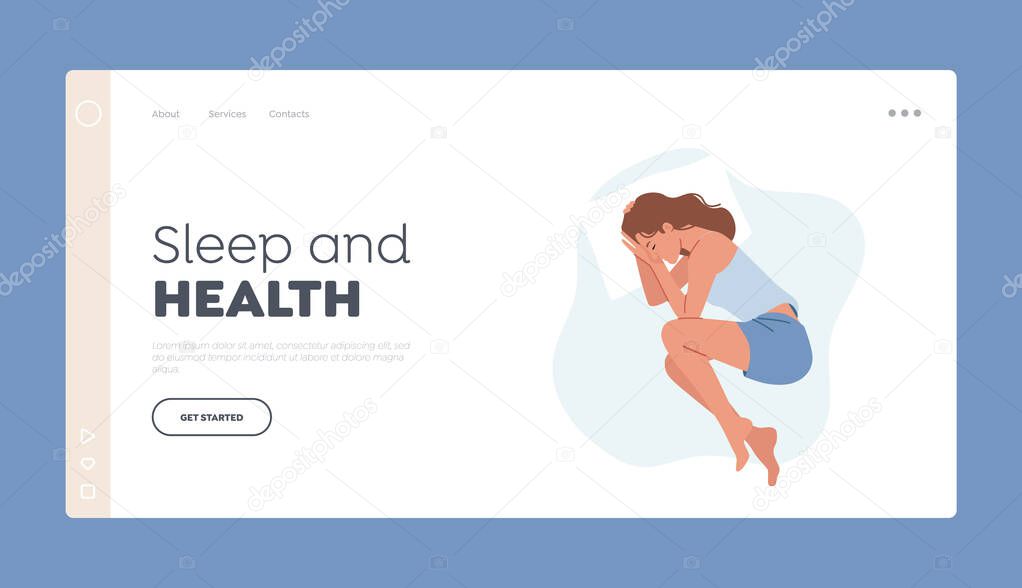 Sleep and Health Landing Page Template. Peaceful Female Character Wear Pajama Sleep or Nap on Pillow in Embryo Pose. Girl Relaxed Sleeping Pose, Healthy Recreation. Cartoon Vector Illustration