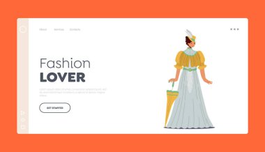 19. Yüzyıl Moda Aşıkları İniş Şablonu. Güzel Vintage Elbiseli Kadın, Viktorya Dönemi Kadın Uzun Elbise ve Şapka Giyiyor. Avrupalı Kadın Karakteri. Çizgi film İnsanları Vektör İllüstrasyonu