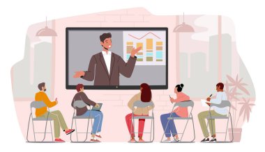 İş Karakterleri Sanal Konferansta Sözcüyü Dinleyin. Ofisteki monitörde özel ders verileri. Uzaktan Online Toplantı, Çalışanlar Video Çevirisi İzliyor. Çizgi film İnsanları Vektör İllüstrasyonu
