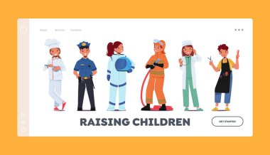 Çocuklar Geleceğin Kariyer İniş Şablonu. Meslek Şefi, Polis, Astronot, İtfaiyeci ve Kuaförlü Doktor. Çocuk Karakterler Mesleği Seçer. Çizgi film İnsanları Vektör İllüstrasyonu