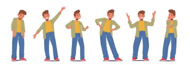 Farklı Çocuk Duyguları, Genç Çocuk Yüz İfadesi, Üzgün, Mutlu, Kızgın, Kendine güvenen ve Sıkıcı Duygular. Beyaz Arkaplanda Çocuk Karakteri İfadeleri İzole Edildi. Çizgi film İnsanları Vektör İllüstrasyonu