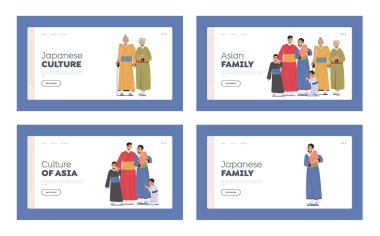 Asya Ailesi İniş Sayfa Şablonu Ayarlandı. Mutlu Gülümseyen Genç ve Yaşlı Erkek ve Kadın Karakterler. Ebeveynler, büyükanneler ve çocuklar geleneksel Kimono elbiseler giyer. Çizgi film İnsanları Vektör İllüstrasyonu