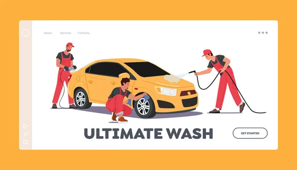 Szablon Strony Pracy Pracowników Sprzątających Koncepcja Myjni Samochodowej Mężczyźni Pracownicy — Wektor stockowy