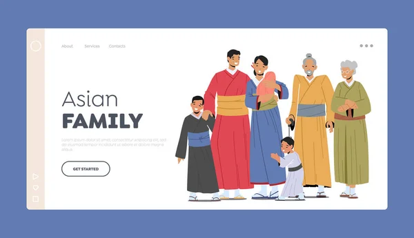 Plantilla Landing Page Familia Asiática Happy Smiling Young Old Male — Vector de stock