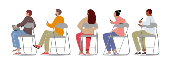 座っている人の後ろのビュー 若い男性と女性の文字列で椅子に座って 学生の後ろのビュー コース参加者 大学や大学の学者 ビジネスマン 漫画ベクターイラスト — ストックベクタ