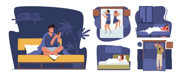 Set Male Female Characters Lying Smartphones Bed Night Mobile Phone — Stock Vector