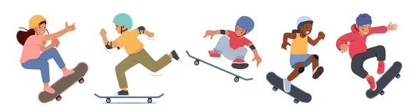 男の子と女の子のスケートボード活動のセット 子供たちはロングボードでスケート ジャンプしてスタントやトリックを作る スケーター フリーダムライフスタイル アーバンシティスケートボードスポーツ 漫画人ベクトルイラスト — ストックベクタ