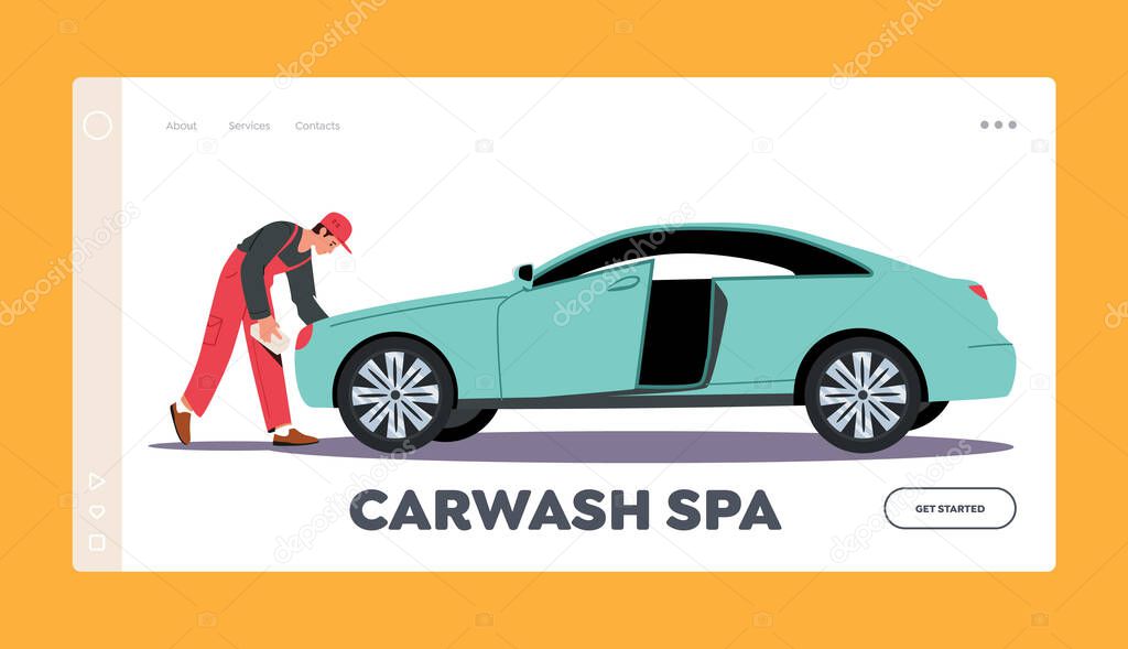 Carwash Spa Landing Page Template. Car Wash Service Worker Character Wearing Uniform Washing and Cleaning Automobile with Sponge, Polishing and Mopping Car Body. Cartoon Vector Illustration