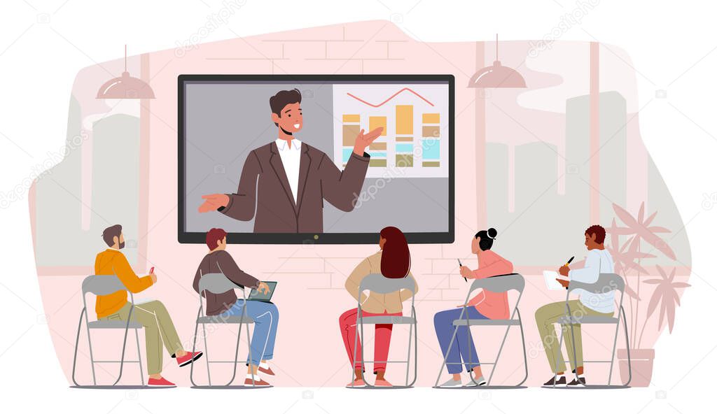 Business Characters Listen Speaker at Virtual Conference. Tutor Perform Data on Monitor in Office. Remote Online Meeting, Workers Watching Video Translation. Cartoon People Vector Illustration