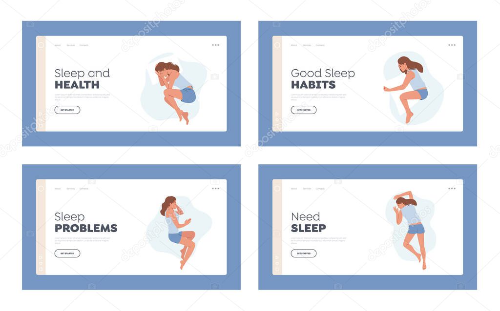 Female Character Sleeping Poses Landing Page Template Set. Girl Lying in Bed in Various Comfortable Positions Top View. Woman Sleep, Bedtime, Nighttime Relaxation. Cartoon Vector Illustration