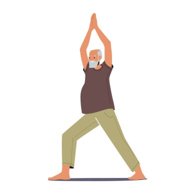 Yaşlı Erkek Karakter Yogası Egzersizleri. Kıdemli Adam Esneme Vücut, Spor ve Sağlıklı Yaşam Tarzı, Büyükbaba Beyazlar Arkaplanında Tecrit Edildi. Çizgi film İnsanları Vektör İllüstrasyonu