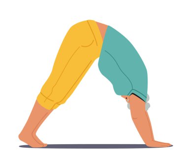 Beyazlar Arkaplan 'da izole edilmiş Asana' nın Down Dog 'unda Üstün Bayan Spor Giysileri Yoga Alıştırma Standı. Yaşlı Kadın Antrenman Sınıfı, Aerobik. Çizgi film İnsanları Vektör İllüstrasyonu
