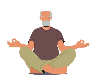 Yaşlı Yoga, Sağlıklı Yaşam Tarzı, Rahatlama. Beyaz Arkaplan 'da Nilüfer Pozu' nda Yaşlı Erkek Karakteri Meditasyonu. Duygusal Denge, Farkındalık, Uyum. Çizgi film İnsanları Vektör İllüstrasyonu