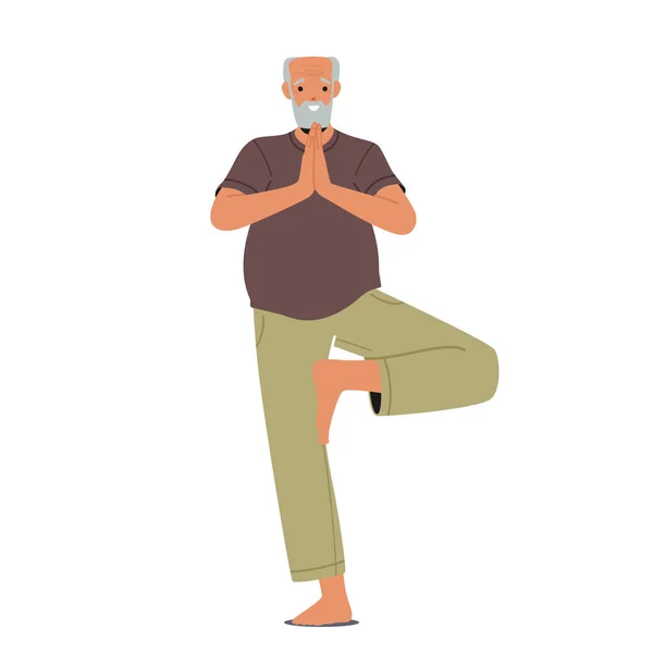 Anciano Hombre Caracter Stand One Leg Con Palmas Unidas Yoga — Vector de stock