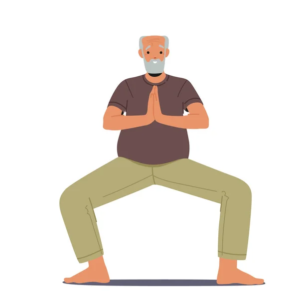 Idős Férfi Karakter Állj Egyesített Tenyérrel Jógában Asana Pose Elszigetelt — Stock Vector