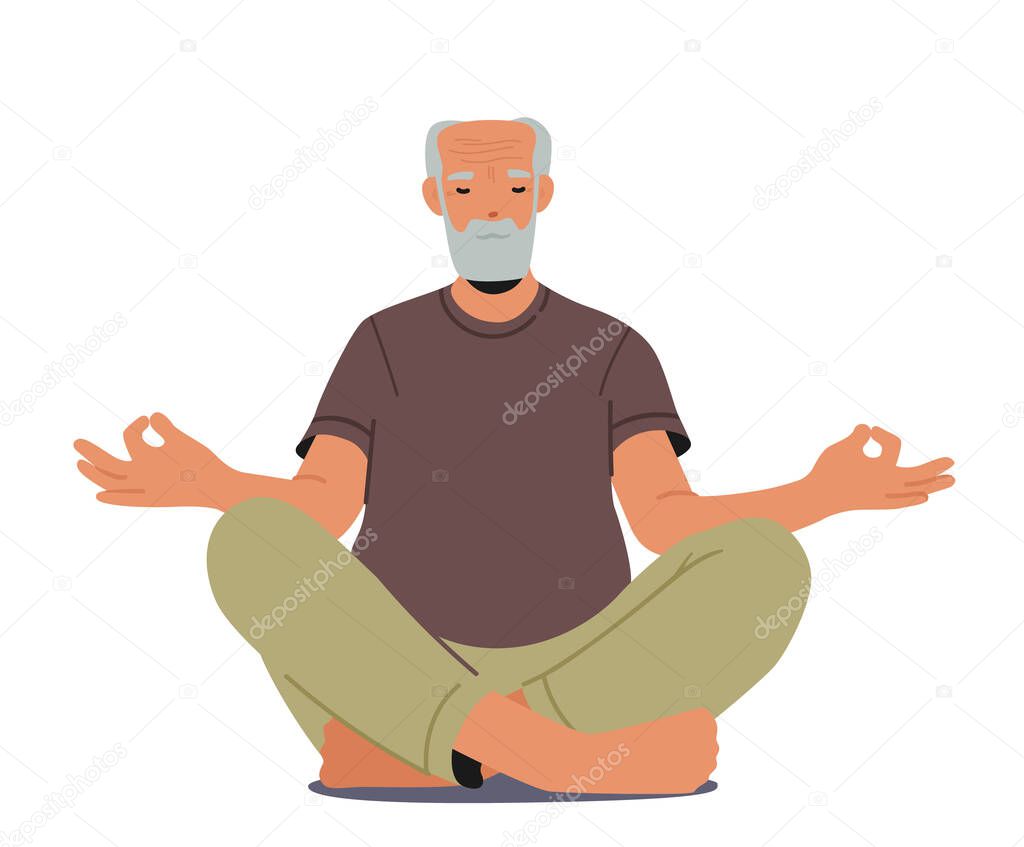 Old Man Yoga, Healthy Lifestyle, Relaxation. Elderly Male Character Meditating in Lotus Pose Isolated on White Background. Emotional Balance, Mindfulness, Harmony. Cartoon People Vector Illustration