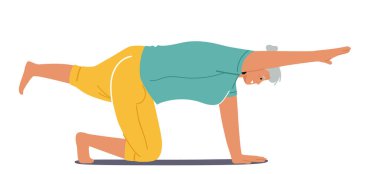 Yaşlı kadın karakter yogası, esneme, pilates pratiği. Tecrit edilmiş yaşlı kadın fitness, spor egzersizleri ve sağlıklı yaşam tarzı, jimnastik yapan büyükanne. Çizgi film İnsanları Vektör İllüstrasyonu