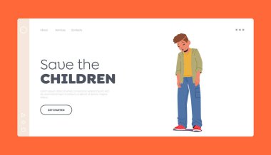 Çocukların İniş Şablonunu Kaydet. Üzgün yüzlü mutsuz küçük çocuk. Çocuk Karakteri Hüzün Duyguları, Yas tutan Yüz İfadesi, Keder, Melankolik Duygular. Çizgi film İnsanları Vektör İllüstrasyonu