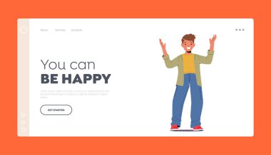 Pozitif Yüz İfade İniş Şablonu. Kolları Kalkmış ve Geniş Gülümseyen Mutlu Küçük Çocuk, Mutluluk ve Neşenin Çocuk Duygusu, Çocuk Karakteri Eğlence Duyguları. Çizgi film Vektör İllüstrasyonu